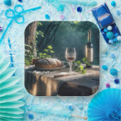 Assiettes En Carton Table Rustique Avec Vin Dans Une Forêt (Fête)