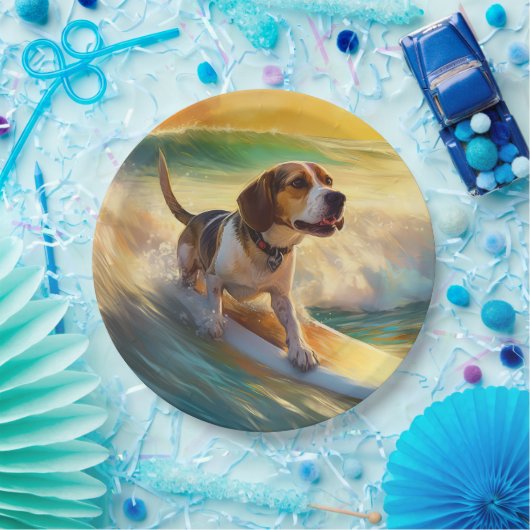 Assiettes En Carton Tableau de surf de plage beagle (Fête)