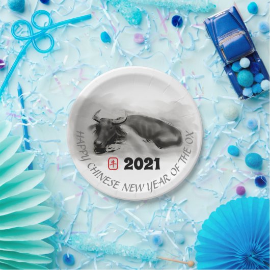 Assiettes En Carton Tableau original Eau Buffle Ox Nouvel An PP (Fête)