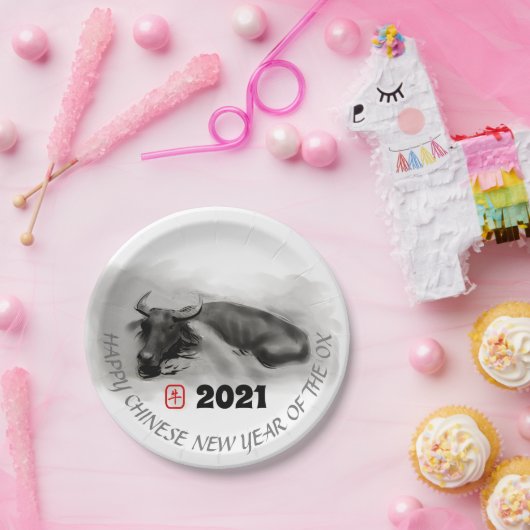 Assiettes En Carton Tableau original Eau Buffle Ox Nouvel An PP (Fête)