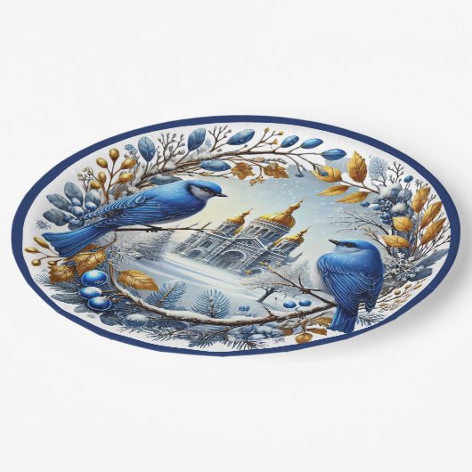 Assiettes En Carton Taj Mahal Bluebirds Berries d'hiver (Angle)
