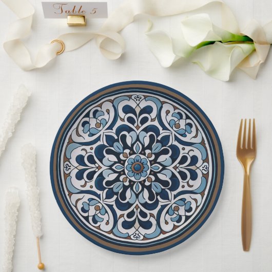 Assiettes En Carton Talavera Bleu et Brown (Mariage)