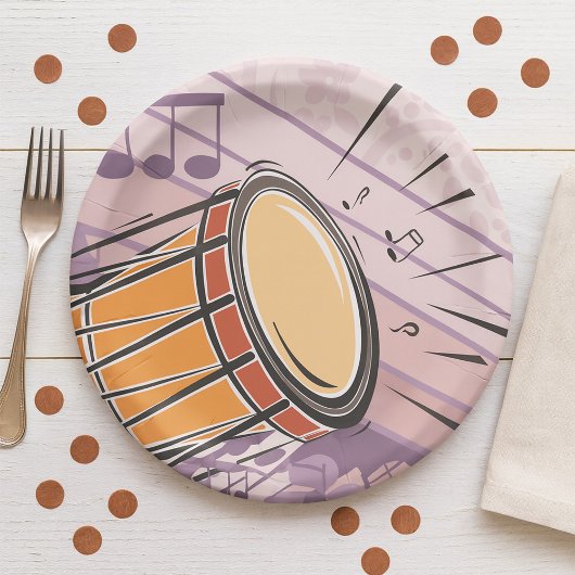 Assiettes En Carton Tambour traditionnel Bongo avec notes musicales