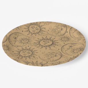 Assiettes En Carton Tanné Beige Vintage Céleste Soleil Lune Étoiles Fê