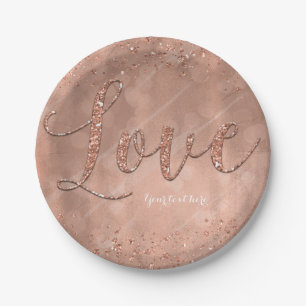 Assiettes En Carton Tapez Texte LOVE Faux Rose Or Paillettes Glam Fête