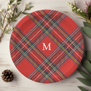 Assiettes En Carton Tartan à carreaux rouge monogramme de Noël