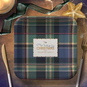 Assiettes En Carton Tartan de Noël Navy Bleu Vert ID1141B