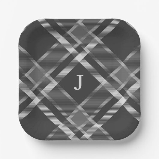 Assiettes En Carton Tartan gris de charbon foncé plaqué avec Monogramm (Recto)
