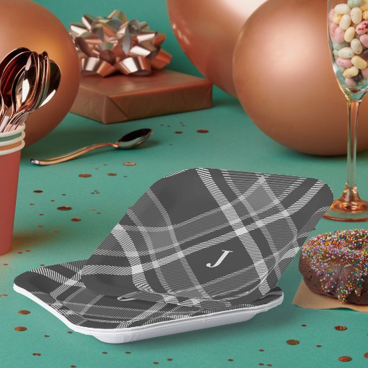 Assiettes En Carton Tartan gris de charbon foncé plaqué avec Monogramm