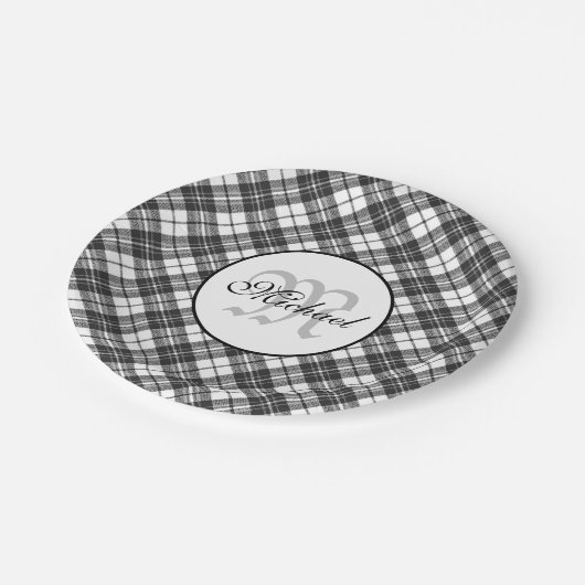 Assiettes En Carton Tartan motif Noël noir blanc Monogramme (Angle)