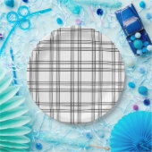 Assiettes En Carton Tartan Plaid Blanc Avec Lignes Noires (Fête)
