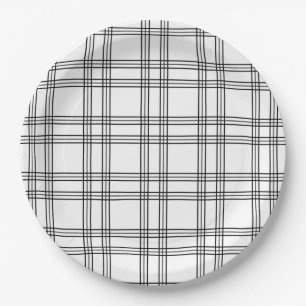 Assiettes En Carton Tartan Plaid Blanc Avec Lignes Noires