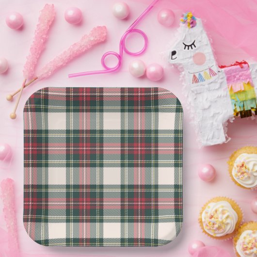 Assiettes En Carton Tartan Plaid blanc vert rouge Noël Festif (Fête)