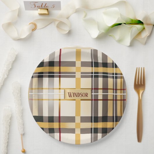 Assiettes En Carton Taupe chic et tendance et Gold Plaid (Mariage)