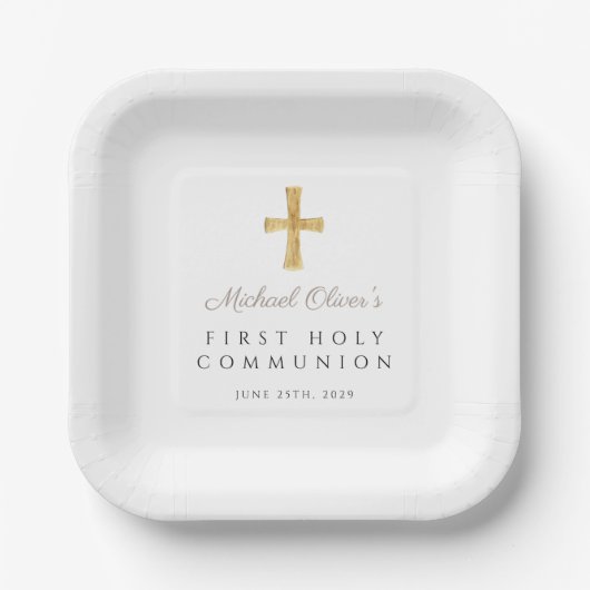 Assiettes En Carton Taupe Script Cross Boy First Communion (Recto)