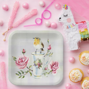 Assiettes En Carton Tea Cup rose et Bird