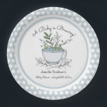 Assiettes En Carton Tea Cup Tea Party Baby shower Plaque papier<br><div class="desc">Tasse à thé à main,  vignes et fleurs illustrations numériquement colorées composent cette conception unique d'invitation baby shower. Toutes les oeuvres de Valarie Wade. Parfait pour les baby showers de tea party. Texte ajustable. Oeuvre unique à cette boutique. bleu</div>