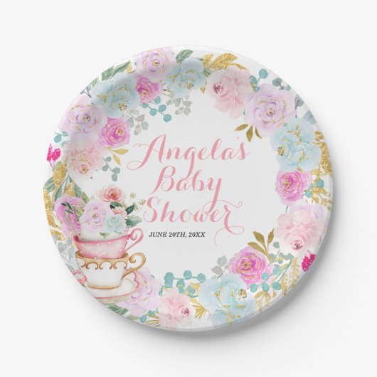 Assiettes En Carton Tea Party Baby shower Pastel Fleurs (Devant)