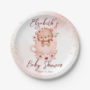 Assiettes En Carton Tea party baby shower rose en peluche dans une tas