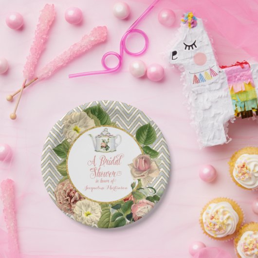 Assiettes En Carton Tea Party Fête des mariées Chevron Stripes Rose (Fête)