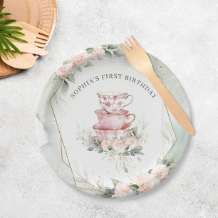Assiettes En Carton Tea Party vintage rose 1er anniversaire