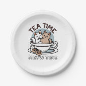 Assiettes En Carton Tea Time Meow Time - Cute Cat and Tea Design (Devant)