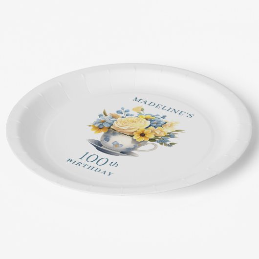 Assiettes En Carton Teacup Fleurs Bleues Jaunes 100e anniversaire (Angle)