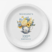 Assiettes En Carton Teacup Fleurs Bleues Jaunes 100e anniversaire (Devant)
