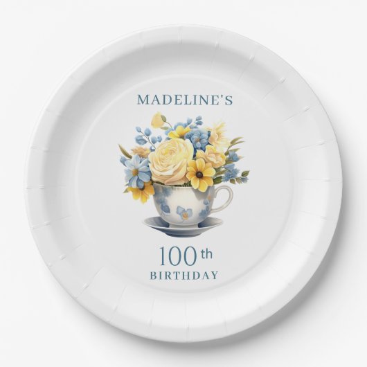 Assiettes En Carton Teacup Fleurs Bleues Jaunes 100e anniversaire (Devant)
