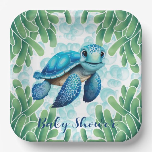 Assiettes En Carton Teal Blue Sea Turtle Garçon Bébé Douche (Recto)
