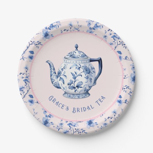Assiettes En Carton Teapot Chinoiserie rose et bleu | Thé nuptial (Devant)