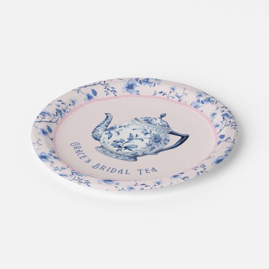 Assiettes En Carton Teapot Chinoiserie rose et bleu | Thé nuptial (Angle)