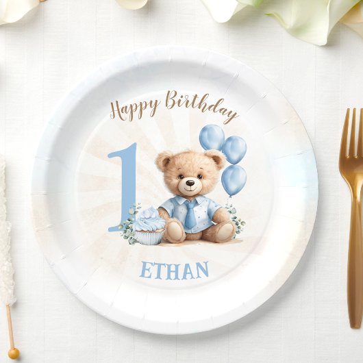 Assiettes En Carton Teddy Bear 1er Anniversaire Bleu Ballons Plaques e