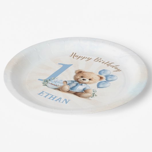 Assiettes En Carton Teddy Bear 1er Anniversaire Bleu Ballons Plaques e (Angle)