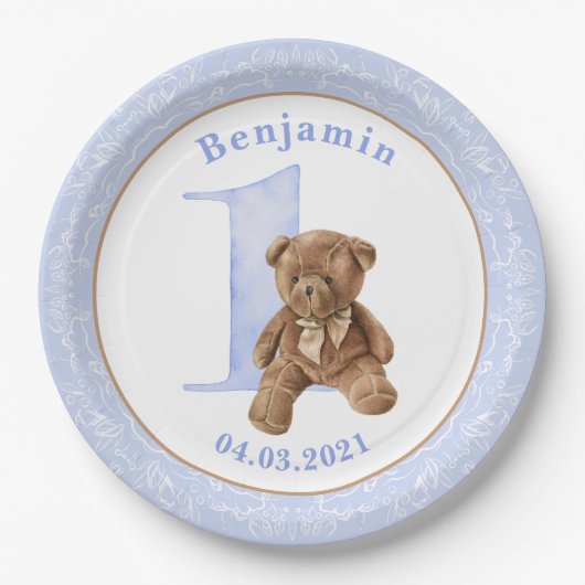 Assiettes En Carton Teddy Bear 1er Anniversaire Plaque papier (Devant)