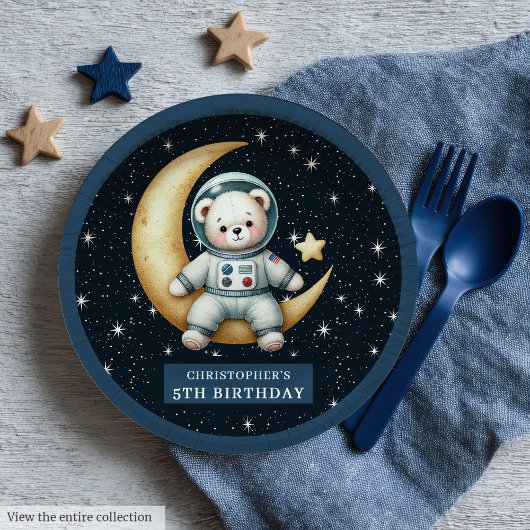 Assiettes En Carton Teddy Bear Astronaut Baby Boy First Birthday Plate