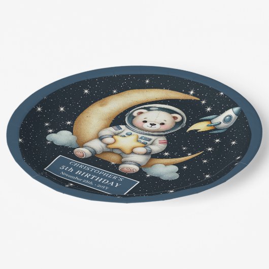 Assiettes En Carton Teddy Bear Astronaut Baby shower spatial Plaque en (Angle)