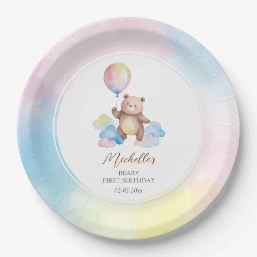 Assiettes En Carton Teddy Bear Balloon Clouds Beary First Birthday (Devant)