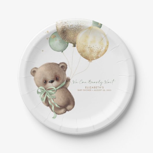 Assiettes En Carton Teddy Bear Brown Sage Gold Boho Baby shower (Devant)