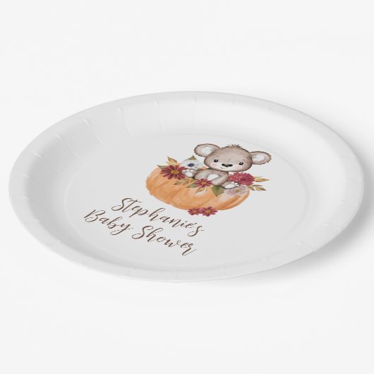 Assiettes En Carton Teddy Bear Citrouille Fall Floral Baby shower (Angle)