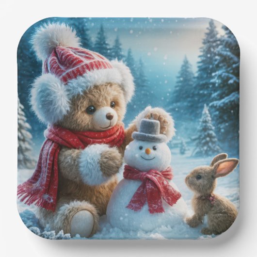 Assiettes En Carton Teddy Bear Construire un Snowman (Recto)