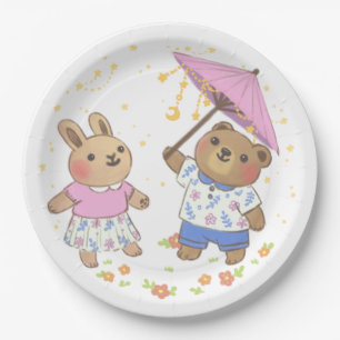 Assiettes En Carton Teddy Bear et Bunny under the Stars Illustration