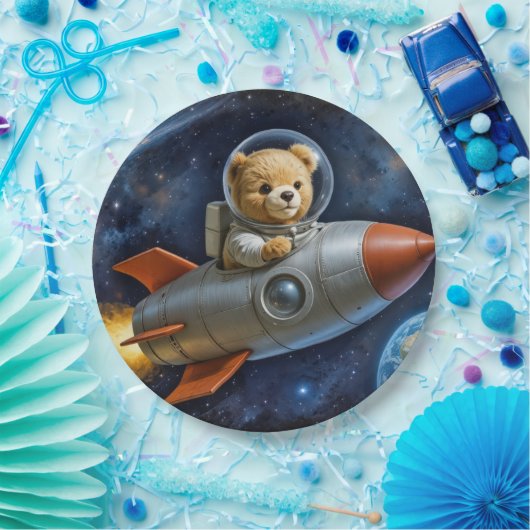 Assiettes En Carton Teddy Bear Flying In a Rocket Ship (Fête)