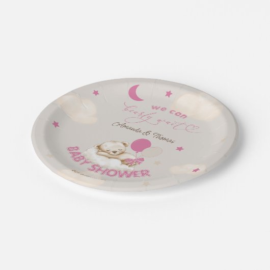Assiettes En Carton Teddy Bear Girl Baby shower rose pâle (Angle)