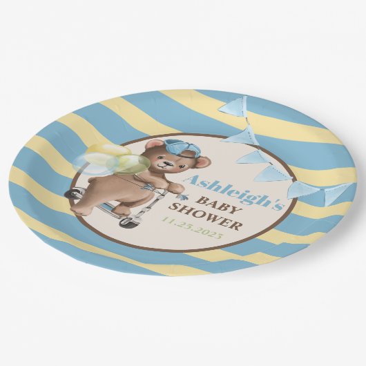 Assiettes En Carton Teddy Bear sur Scooter, Baby shower rayé (Angle)