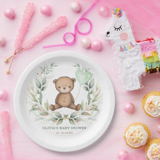 Assiettes En Carton Teddy Bear Vert Vert Wreath Sage Balloon (Fête)