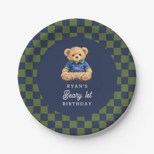 Assiettes En Carton Teddy Beary 1er Anniversaire Damier Rétro