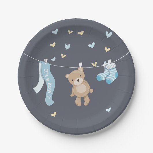 Assiettes En Carton Teddy Ours Baby shower Plaques en papier Garçon bl (Devant)