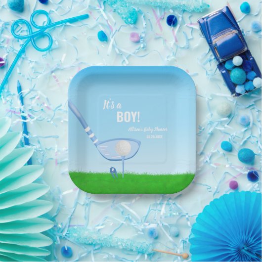 Assiettes En Carton Tee Up Blue Golf C'est un garçon ! Baby shower (Fête)