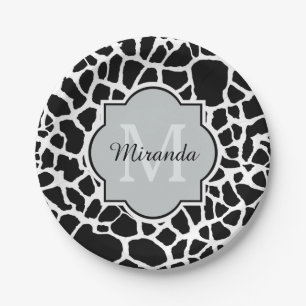 Assiettes En Carton Tendance Black White Giraffe Imprimer Nom Monogram